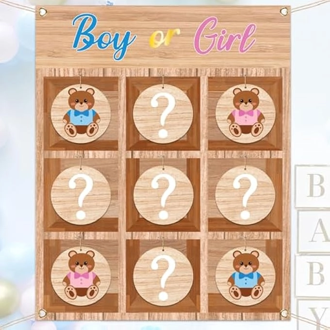 OurWarm Gender Reveal Tic Tac Toe Board - 10 Bear Chips Rustic