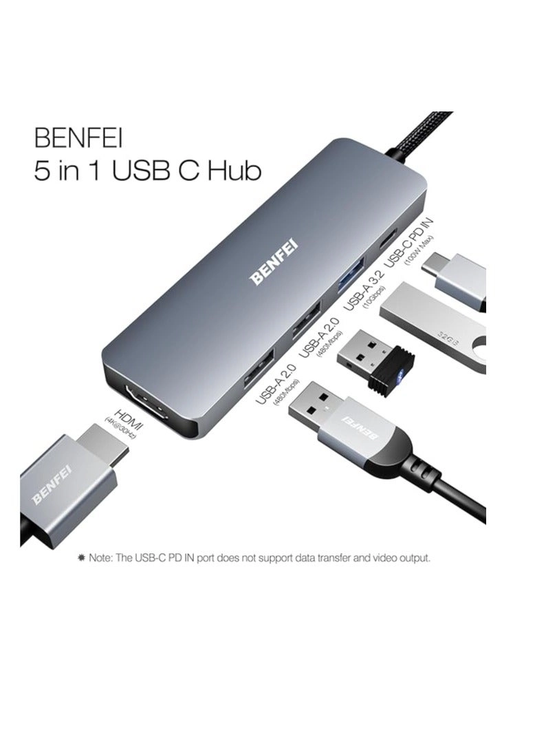 5in1 USB C Hub - 4K HDMI 3 USB-A 100W Power Delivery