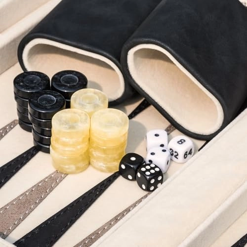 Backgammon Set - Foldable Leather Backgammon Case 30 Artificial Horn Checkers
