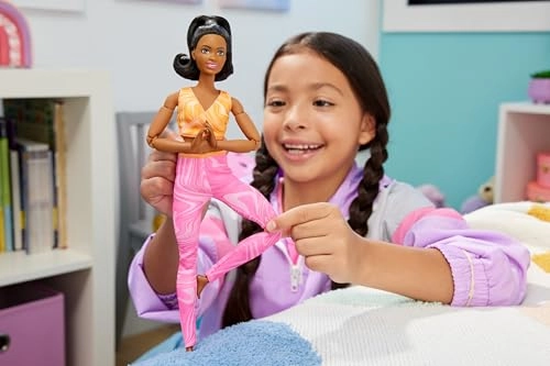 Barbie Made to Move Fashion Doll - Black Hair Yellow Sports Top Pink Yoga Pants 22 Bendable Joints