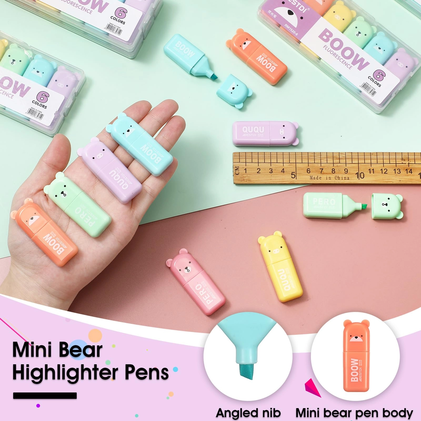 Mini Bear Highlighter Set - red orange yellow blue green purple Chisel