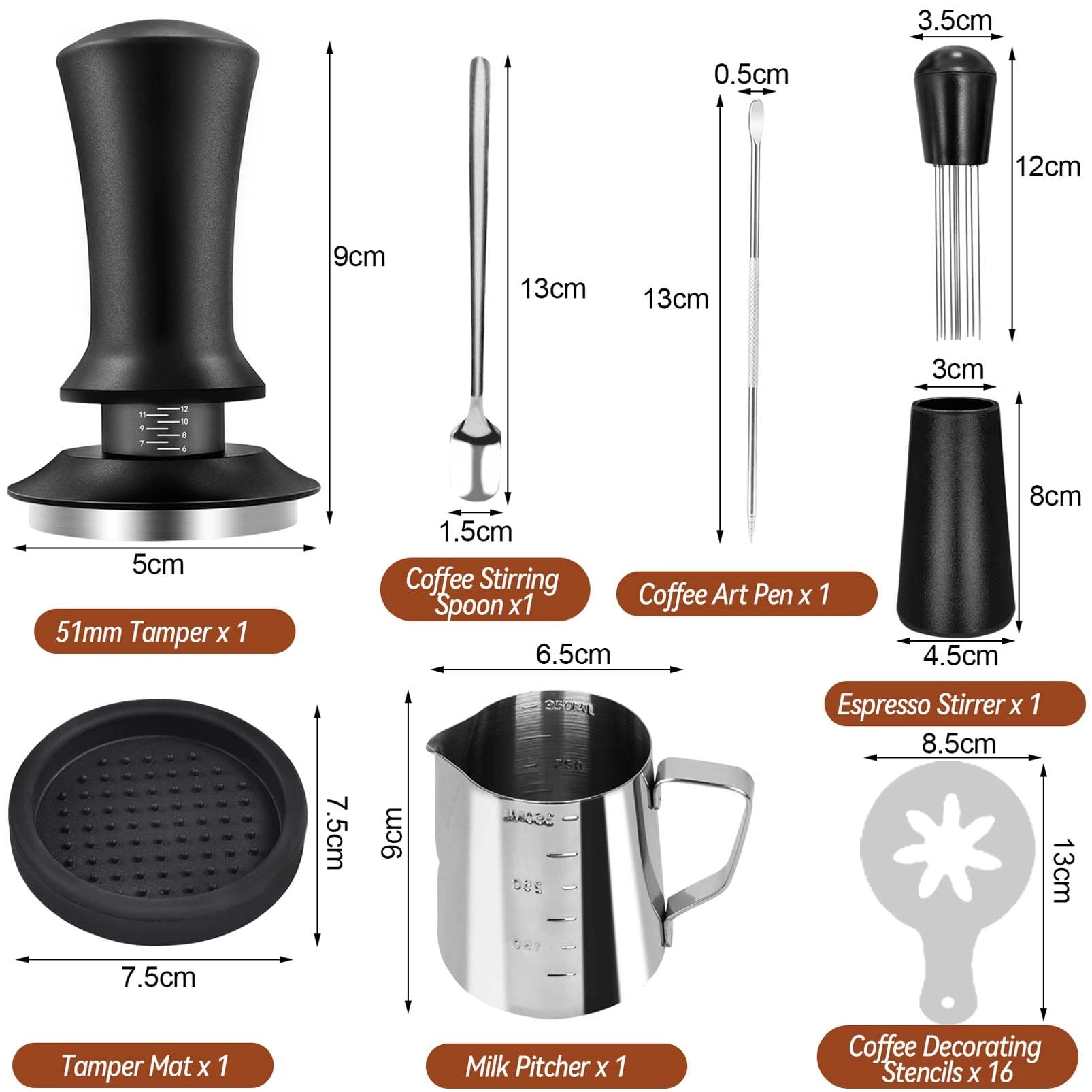 Espresso Tamper - 51mm + WDT Tool + Frothing Pitcher - 350ml + Latte Art Pen + Coffee Stirrer + Tamper Mat + Coffee Stencils - 16pcs