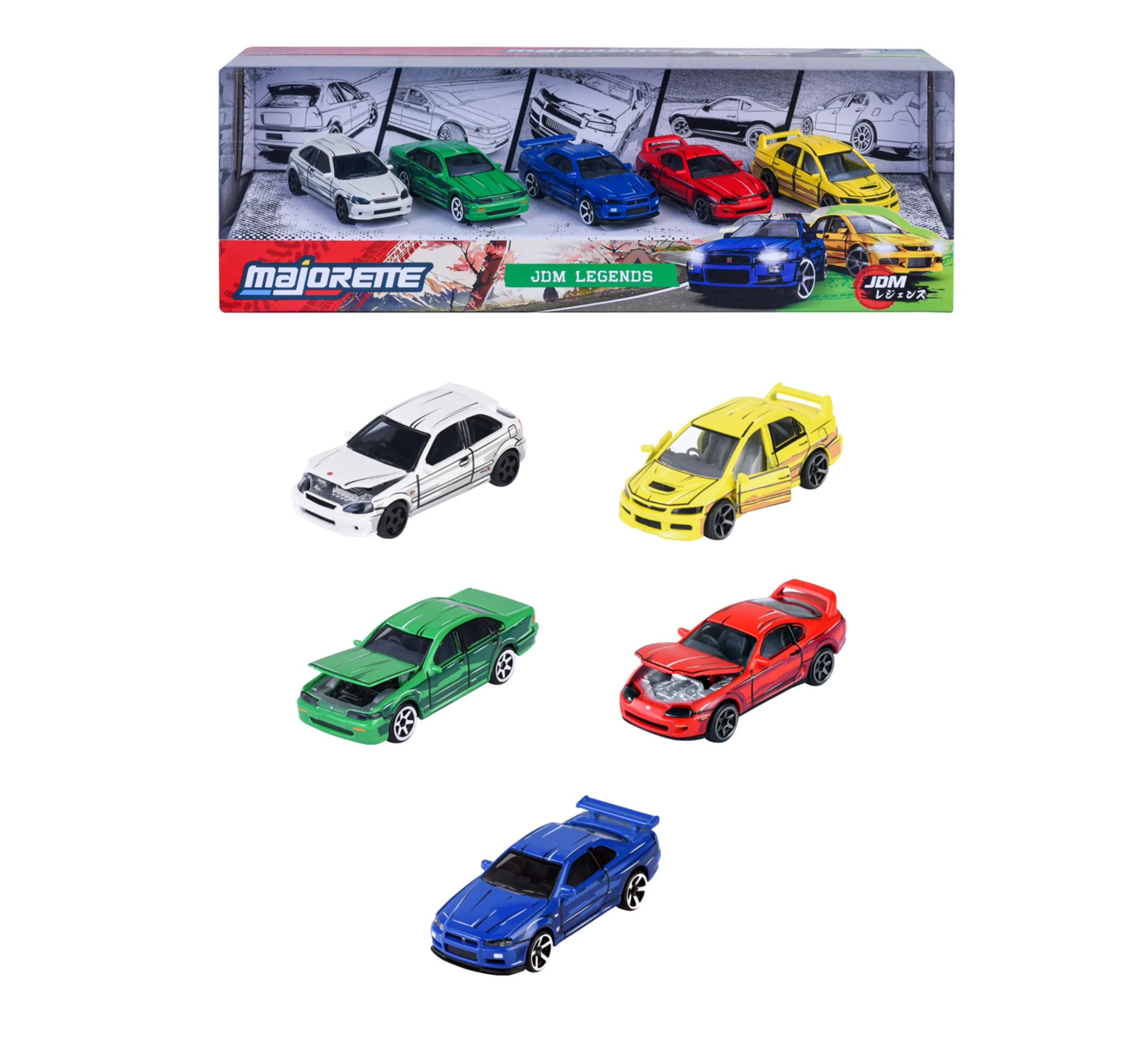 Majorette Civic Type R EK9 + Cefiro A31 + Skyline GT-R R34 + Supra JZA80 + Lancer Evolution 9 - 1:64 diecast