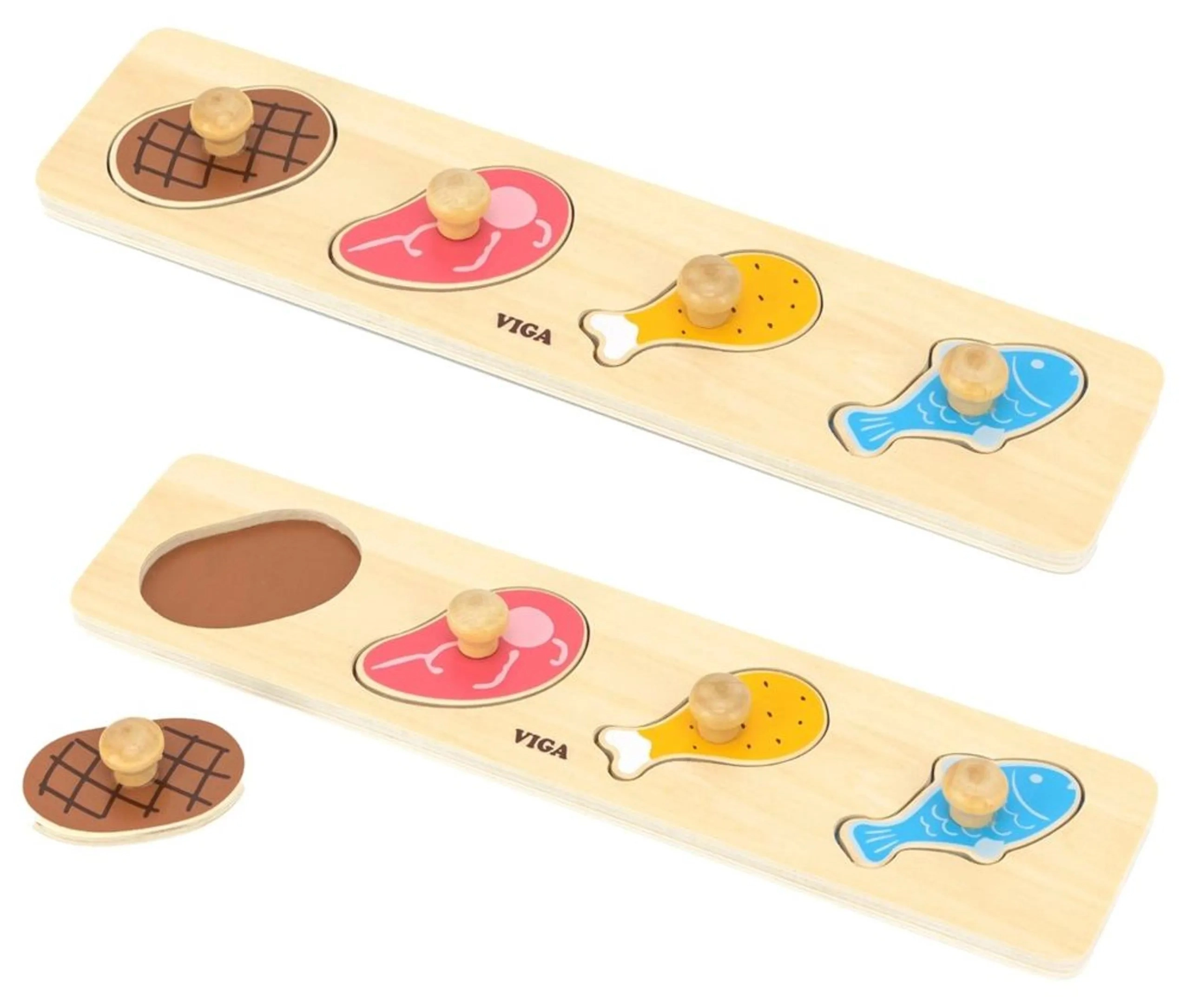VIGA Wooden Flat Puzzle Set Meat & Fish - Suitable for 12 months & above 4 Pcs