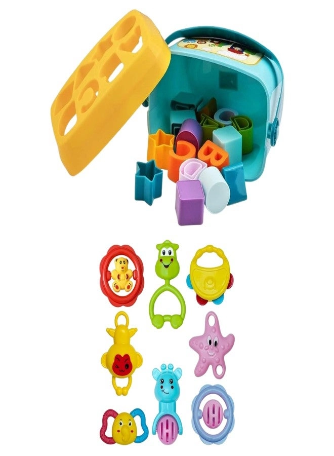 Khelo Toys Blocks Bucket - 16 pcs + Rattle Toy - 8 pcs