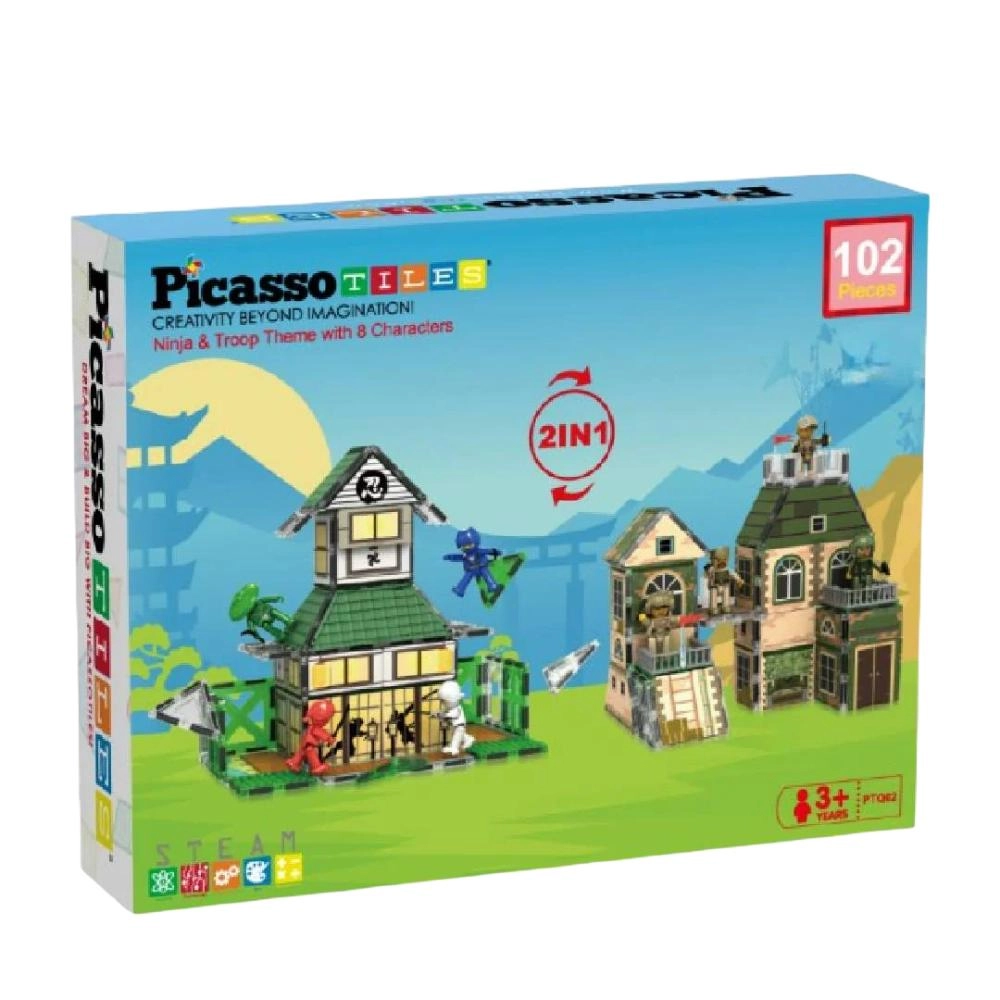 PicassoTiles 2-In-1 Magnetic Tiles - Ninja & Troop 102 pcs