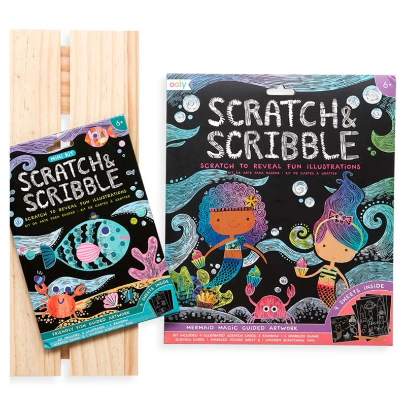 Mini Scratch & Scribble Art Kit - 4 illustrated scratch cards (4 x 6 inches) 2 rainbow DIY blank scratch cards (4 x 6 inches) 1 wooden stylus