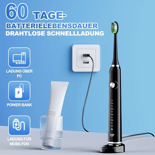 P200 - Sonic Electric Toothbrush 6 Replacement Brush Heads 12H Charge