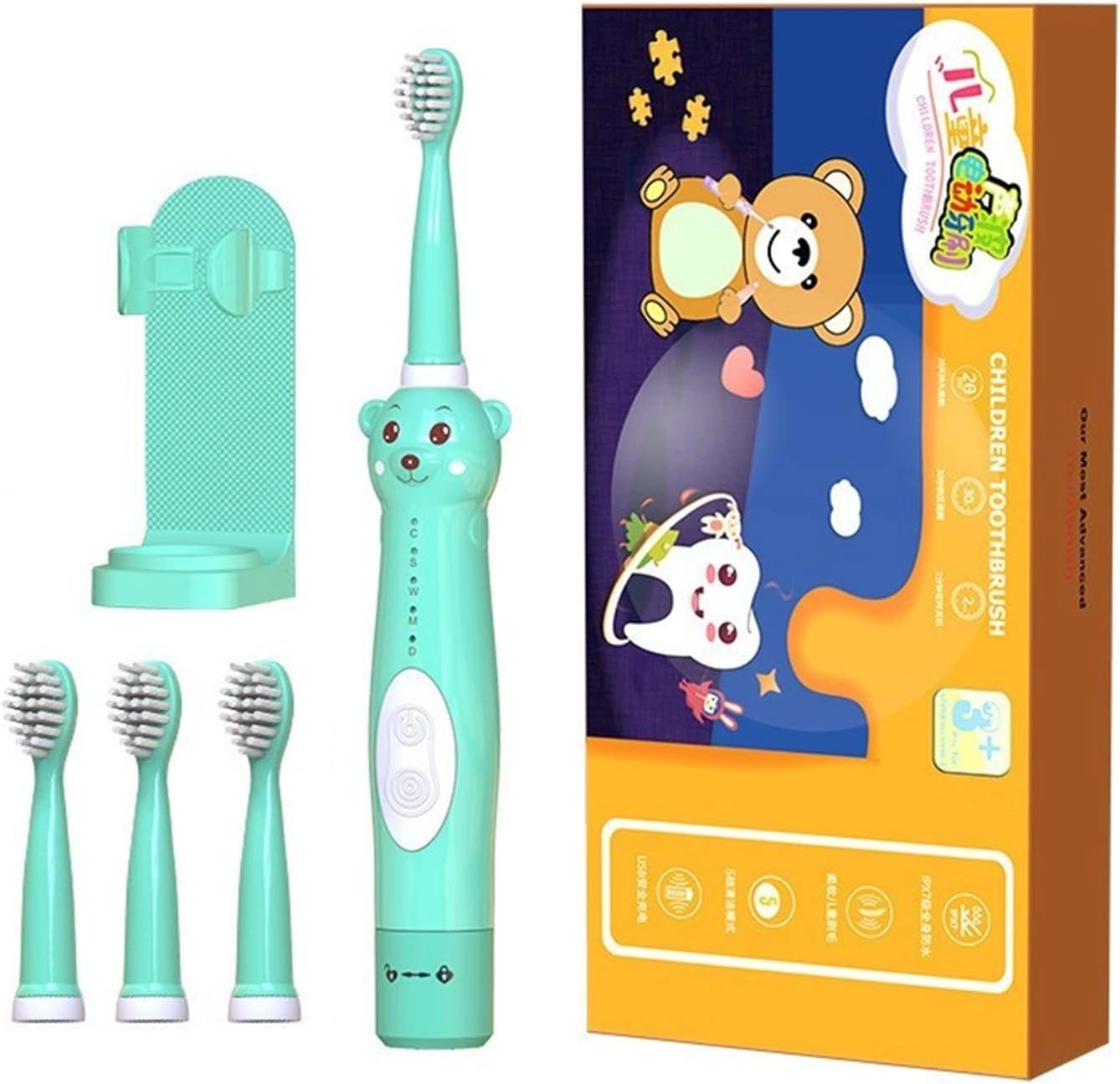 Kids Sonic Electric Toothbrush - Cute Bear 4 Brush Heads 2 Min Timer