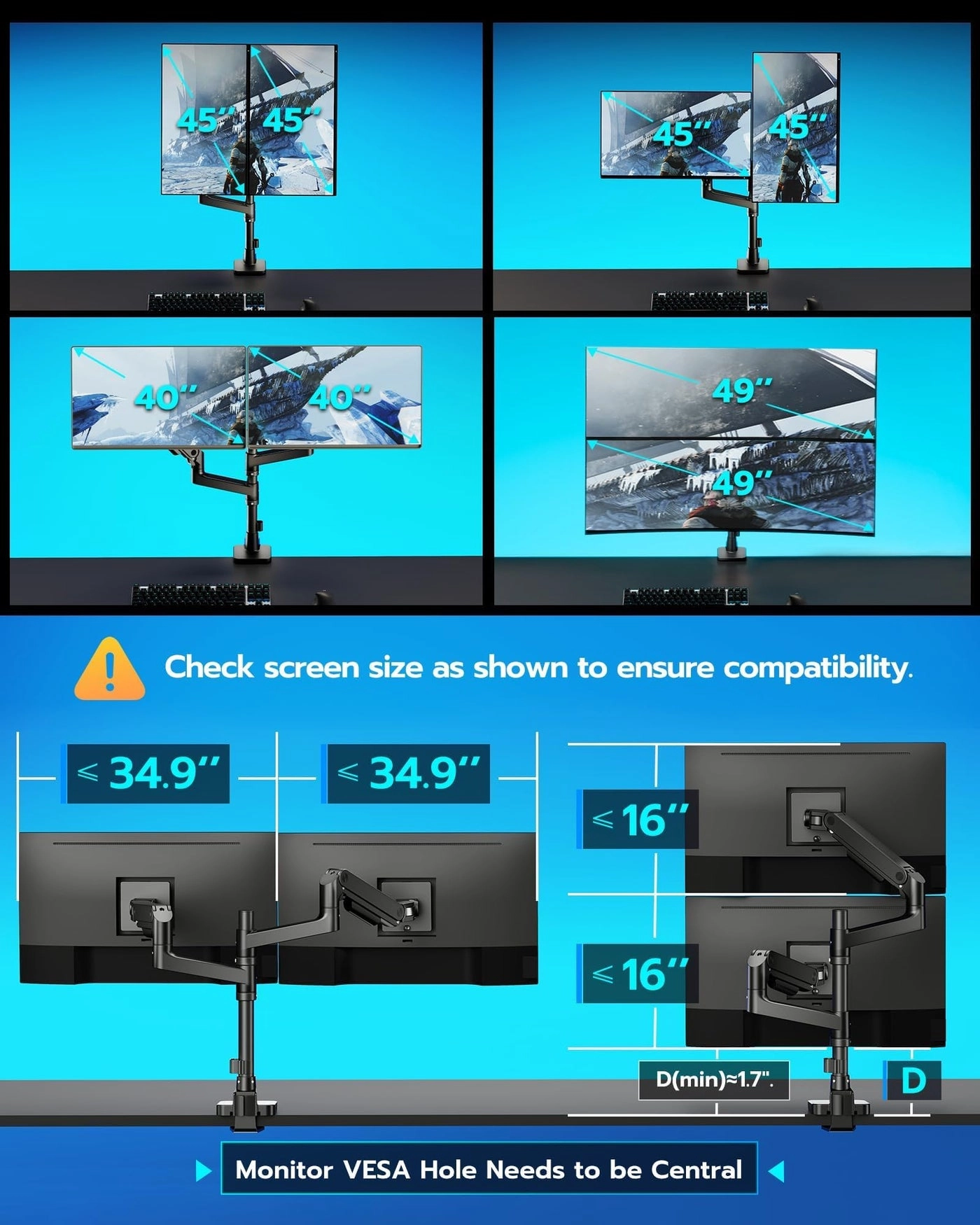 Dual Monitor Mount - 2 Monitors 17-35 Inch VESA 75x75 or 100x100mm
