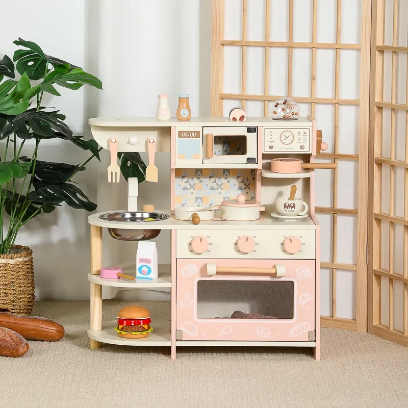Kids Wooden Play Kitchen Set - With Accessories (5551007-MSN24008)