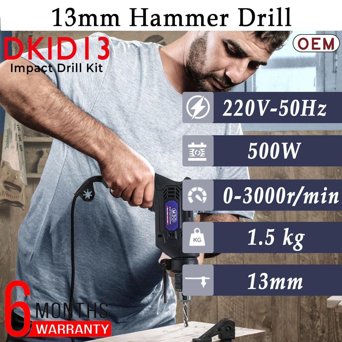 13mm Impact Drill - 500W + Screw driver + tester + Utility Life + combination Plier + 3m measuring tape + Mansory Drill + HSS drill + Screw Driver Bits + magnetic bit holder + As handle + Hammer + Adjustable Wrench + plugs and Screw