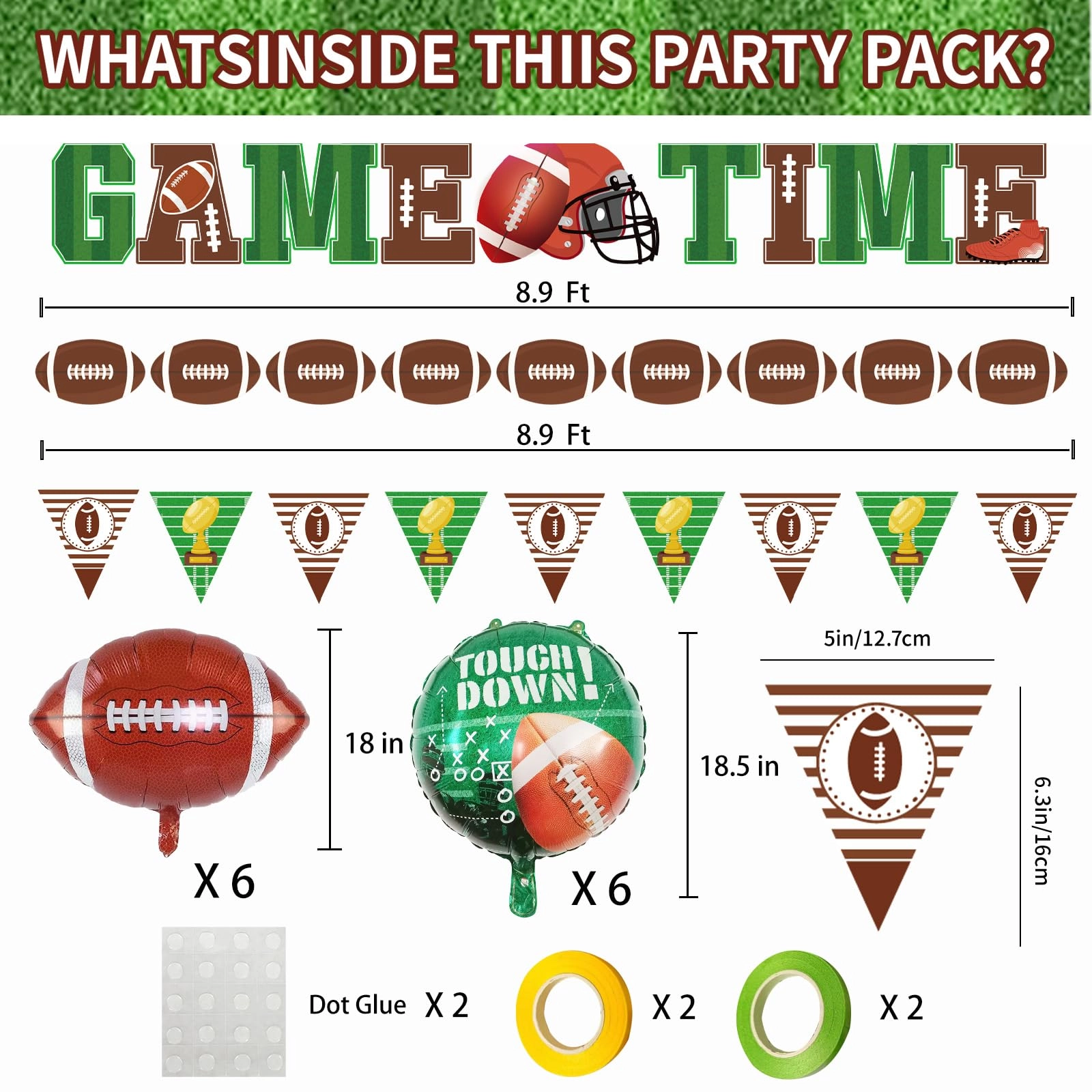GAME TIME Banner + Round 'Touchdown!' Foil Balloon - 6 Pcs + Football Foil Balloon - 6 Pcs