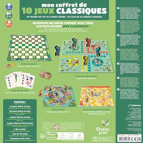 jeu de dames + jeu de l'oie + jeu des petits chevaux + jeu de serpents et échelles + jeu de 54 cartes (French)