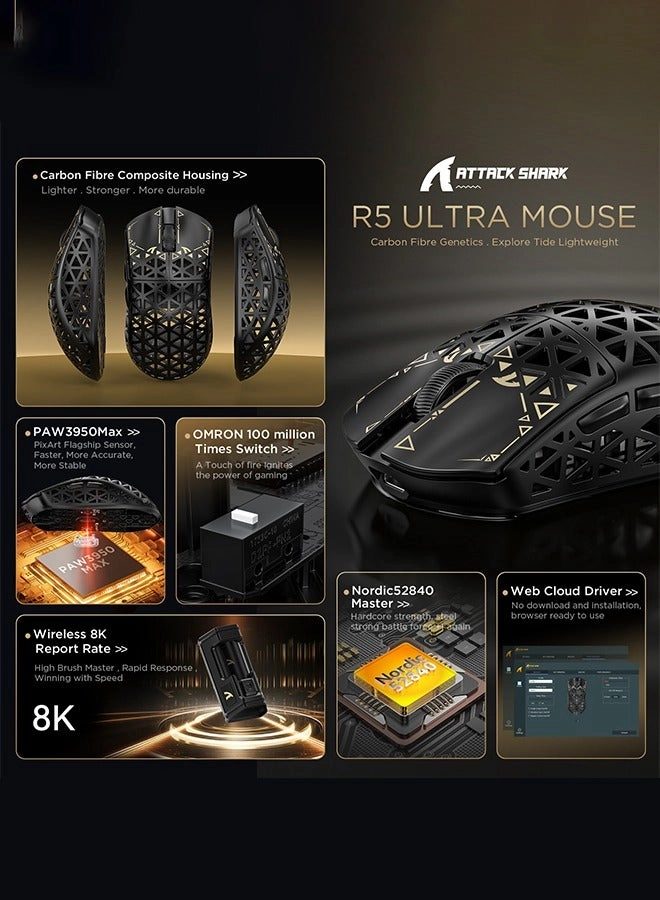 R5Ultra 8K Carbon Fiber Gaming Mouse - 2.4G Wireless Bluetooth USB