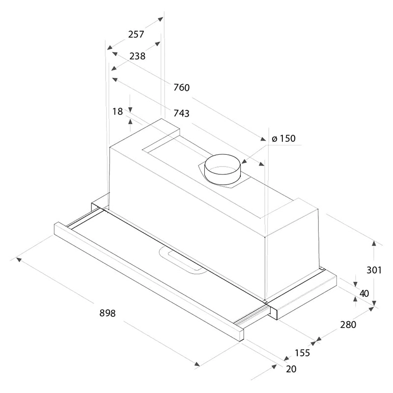 Built In Chimney Visor Hood - 722m/h 90 cm