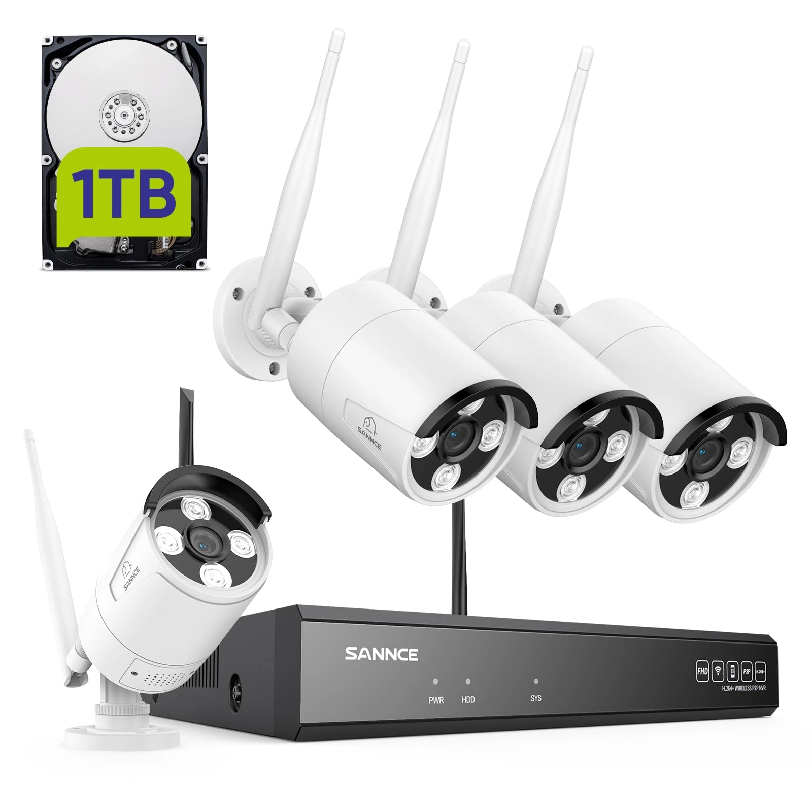 SANNCE Wireless NVR - 5MP 10CH + Wireless Outdoor Surveillance Camera - 3MP 4 + Hard Drive - 1TB