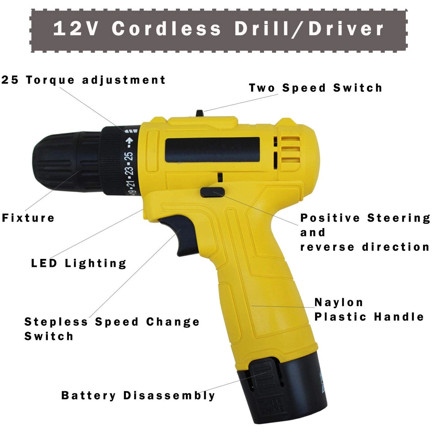 Cordless Screwdriver drill machine - 12V 0-10mm + 1200 mAh Battery + Charging Adapter + Polishing Pad kit - 5 inch