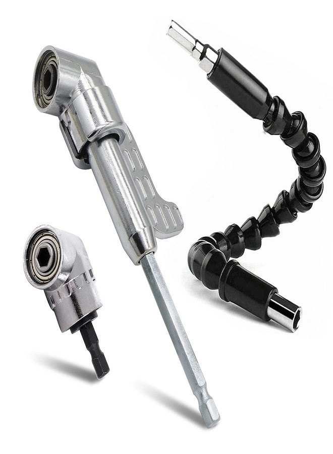 Jamiikury Right Angle Drill Bit Holder - 105 Degree Silver + 1/4" Hex Shank Driver + Flexible Angle Extension Bit Kit