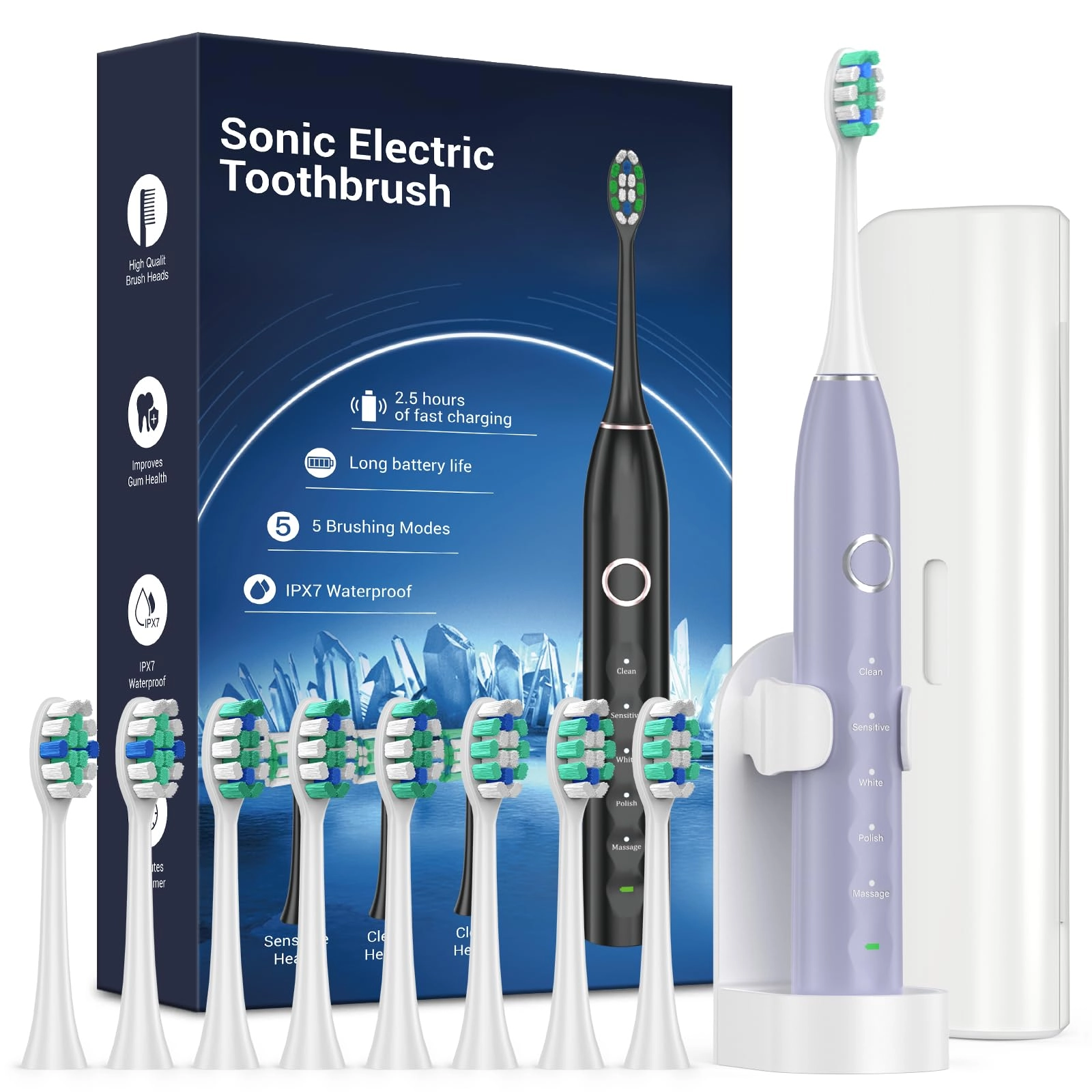 Sonic Electric Toothbrush - 8 Heads Travel Case Light Blue