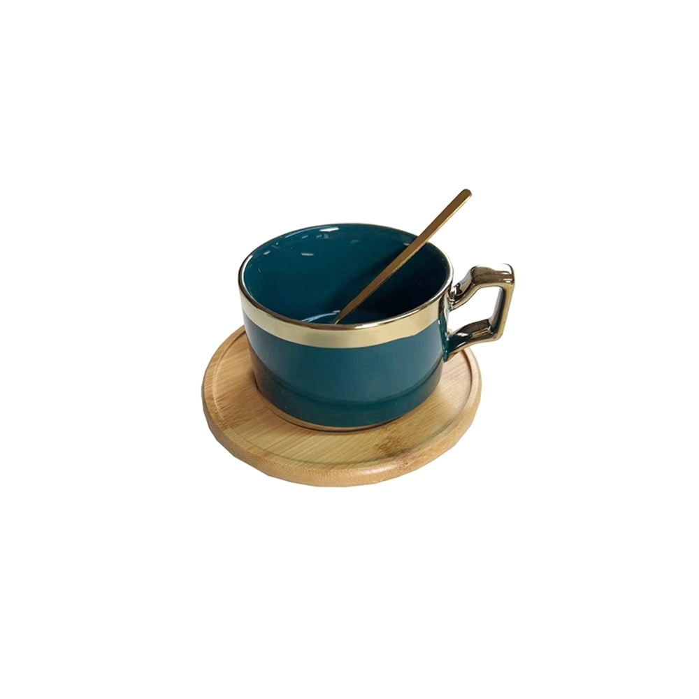 XIANGYU PLAY Latte Cup And Saucer Set - Luxury Ceramic Golden Inlay Wooden Saucer