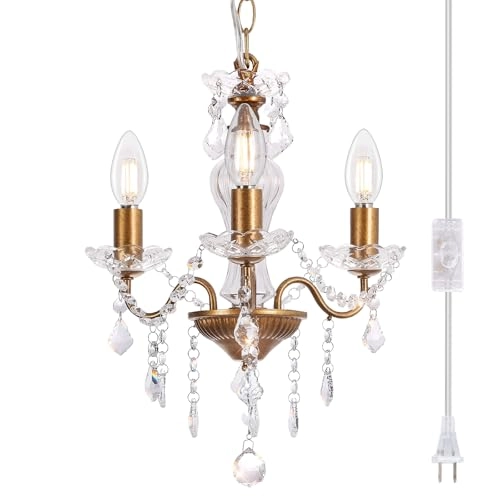 Plug in Modern 3-Light Chandelier - Gold Glass Crystals