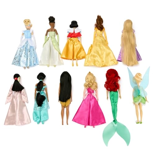 Snow White Doll + Cinderella Doll + Aurora Doll + Ariel Doll + Belle Doll + Jasmine Doll + Pocahontas Doll + Mulan Doll + Tiana Doll + Rapunzel Doll + Tinker Bell Doll - Ages 3+