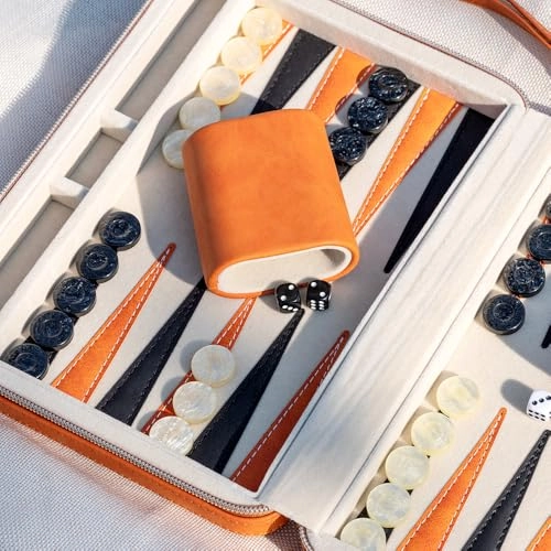 Backgammon Set - Foldable Leather Backgammon Case 30 Artificial Horn Checkers