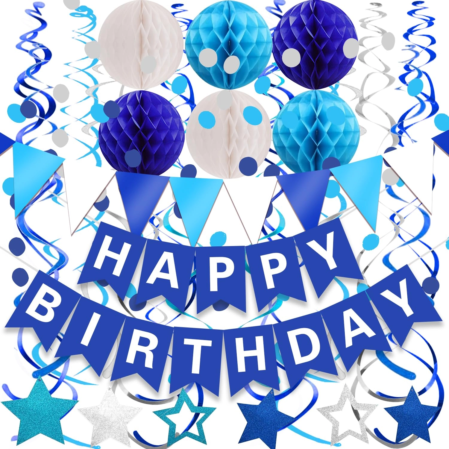 fecedy Happy Birthday Paper Banner - 1pcs flag bunting 1pcs happy birthday banner 14pcs metallic swirls 6pcs honeycomb ball 1pcs confetti garland Birthday