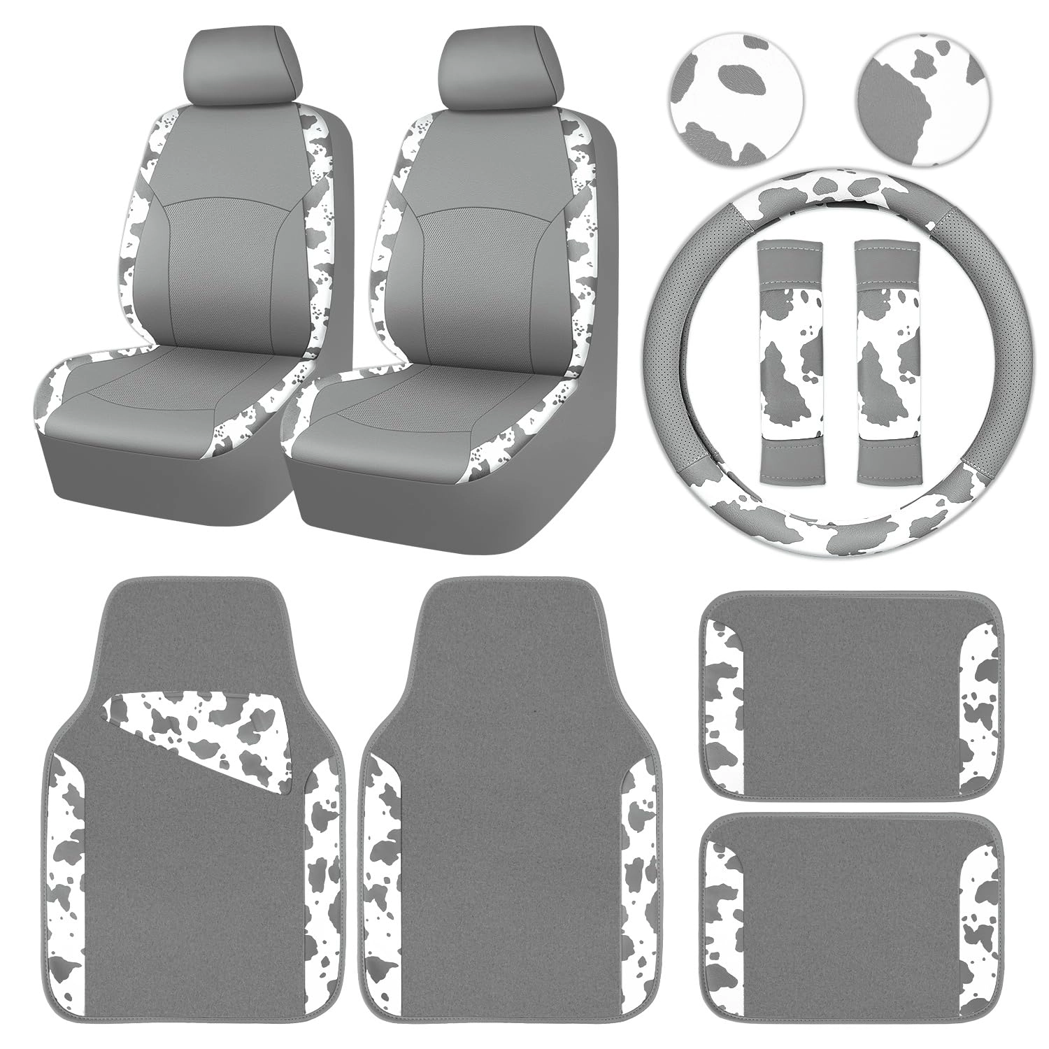 Car Seat Covers - Air Mesh Leather + Car Floor Mats - Waterproof + Steering Wheel Cover - Sporty