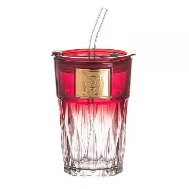 Glass Tumbler - 1 pcs With Lid and Straw - 400 ml