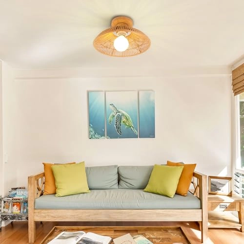 Retro Rattan and Wood Bohemian Design Ceiling Light