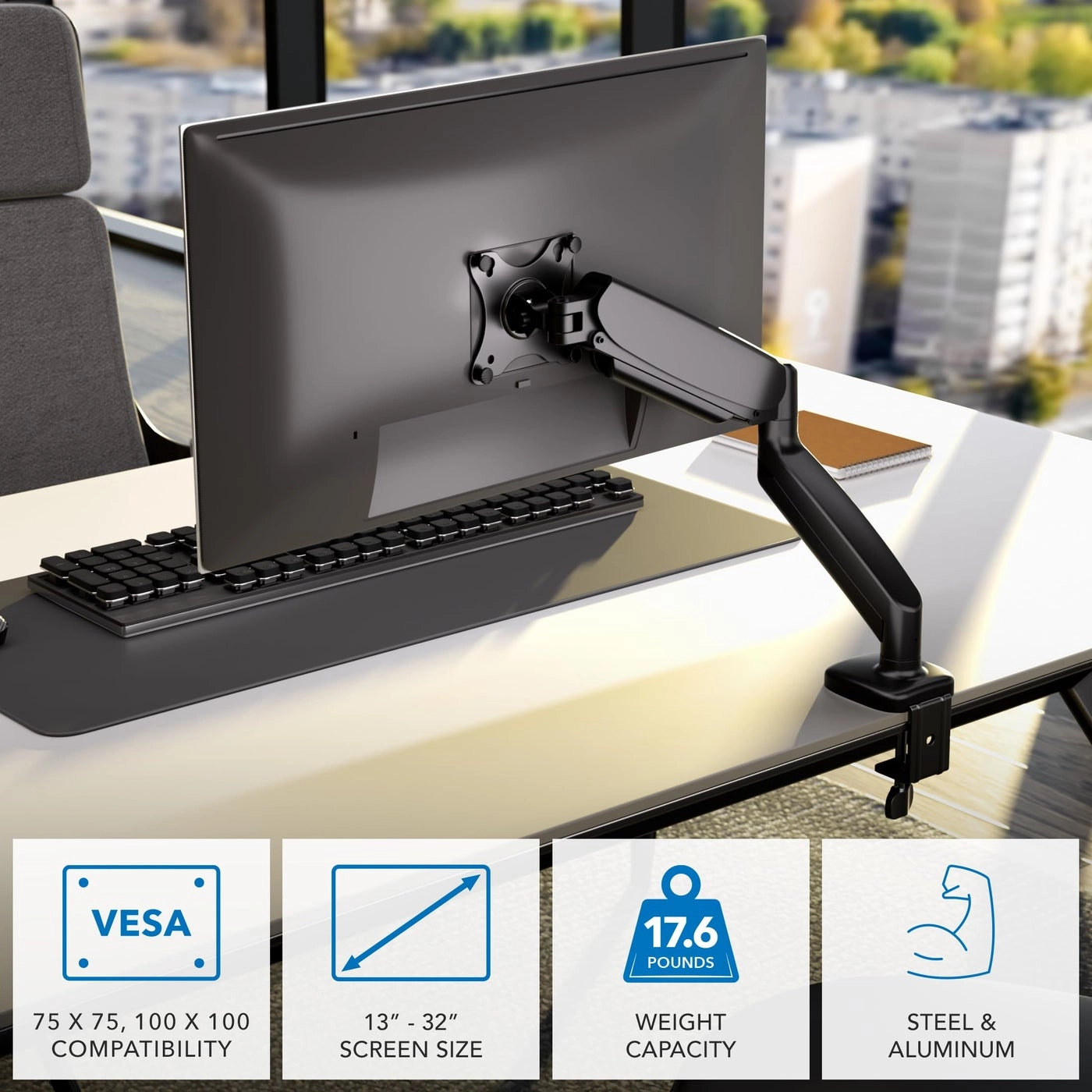 Single Monitor Desk Mount - 32" 75x75mm & 100x100mm