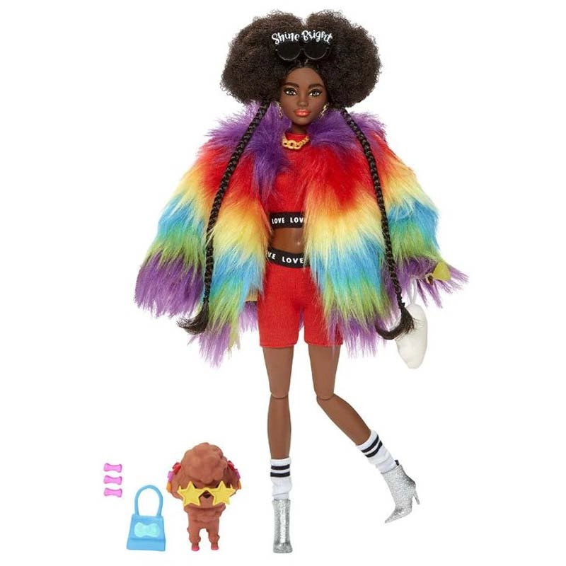 Barbie Extra - Brunette Furry Rainbow Coat Pet Poodle