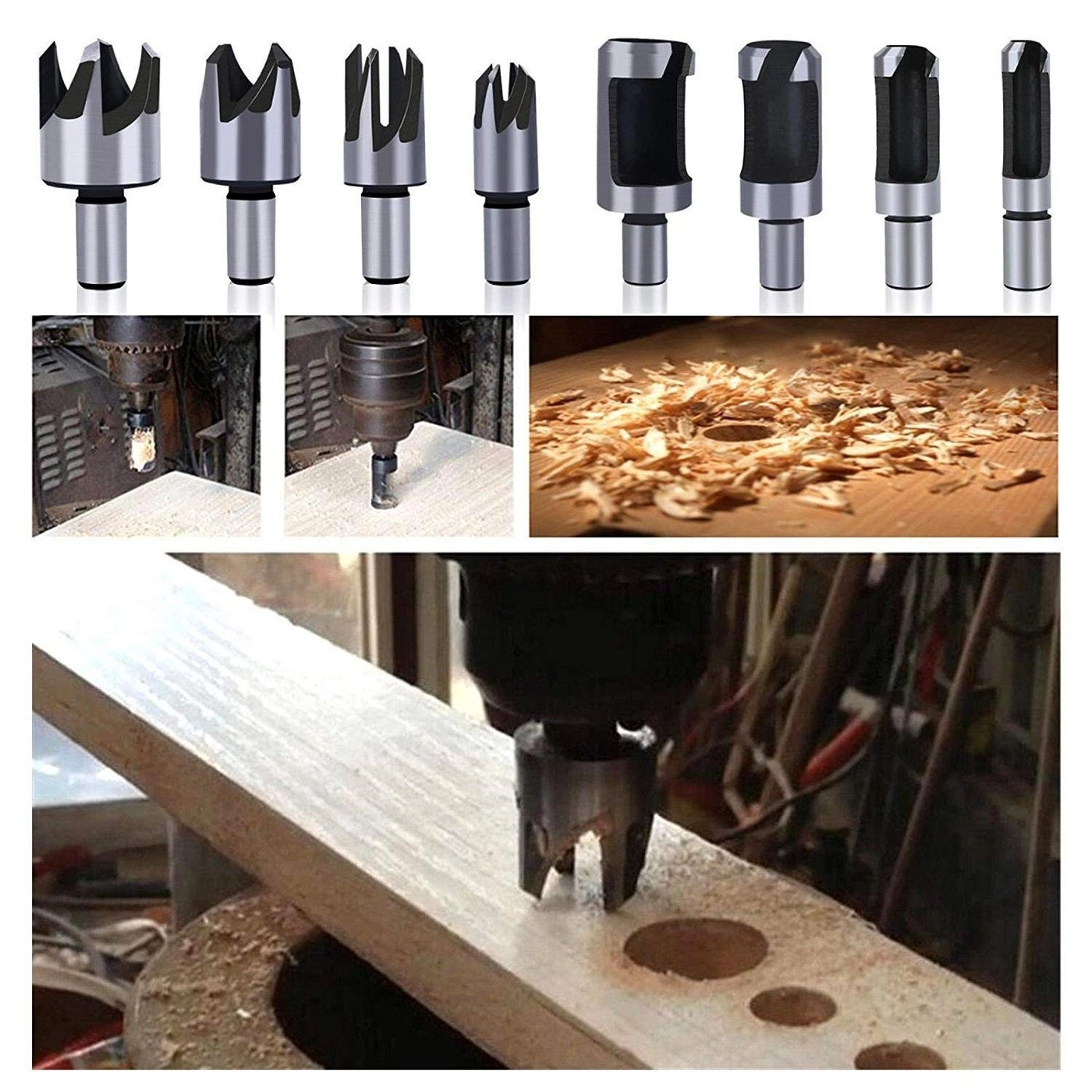 Chamfer Drilling Tool - 23pcs + 5 Flute Countersink Drill Bits - 6pcs + Three Pointed Countersink Drill Bit - 7pcs + Wood Plug Cutter - 8pcs + Automatic Center Punch - 1pcs