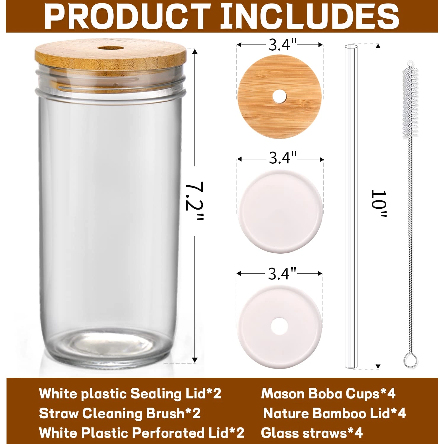 Glass Cup - 4 pcs with Lid and Straw