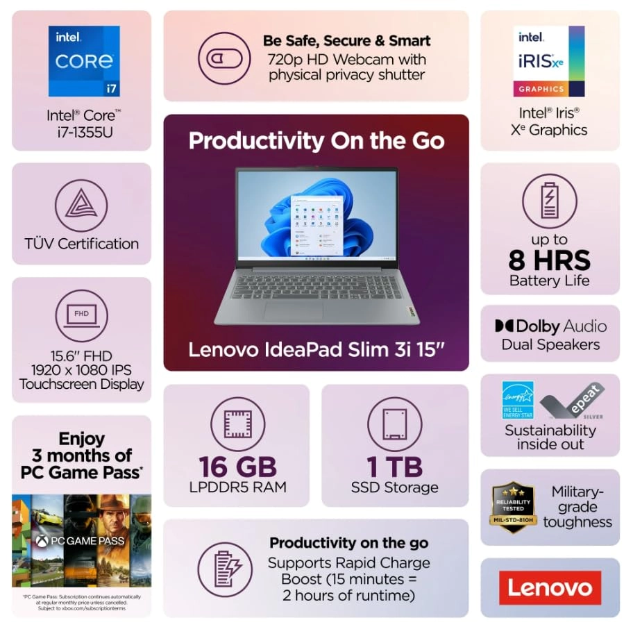 IdeaPad Slim 3i - 15.6'' i7-1355U 16GB DDR5 1TB SSD