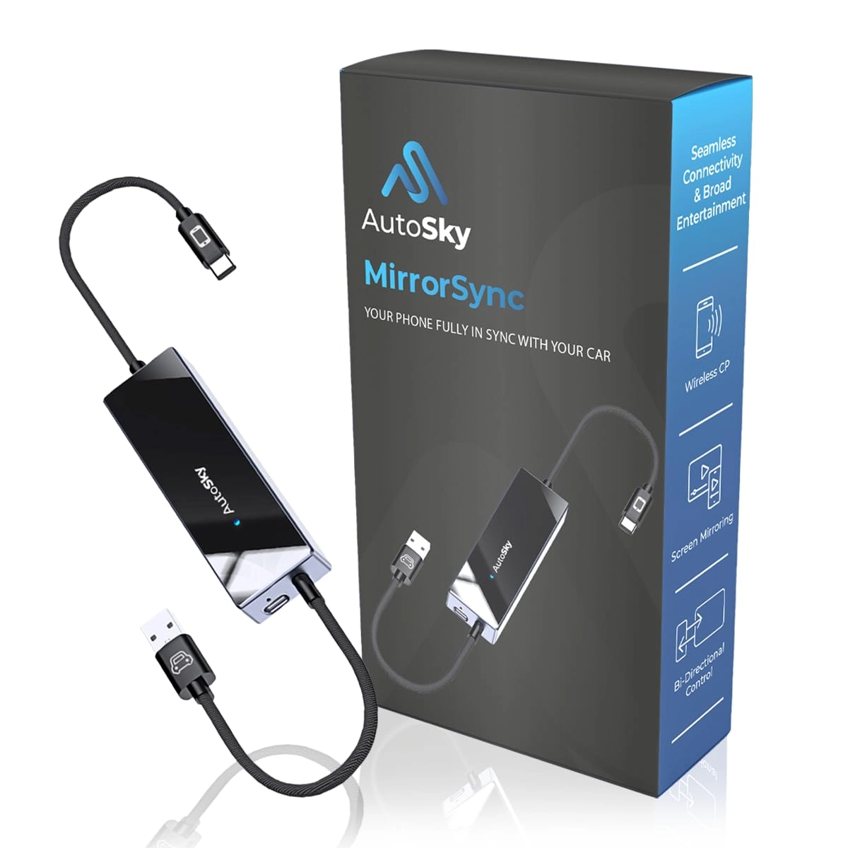 AutoSky AMS-1 - Wireless CarPlay Smartphone Screen Mirroring USB-A & USB-C