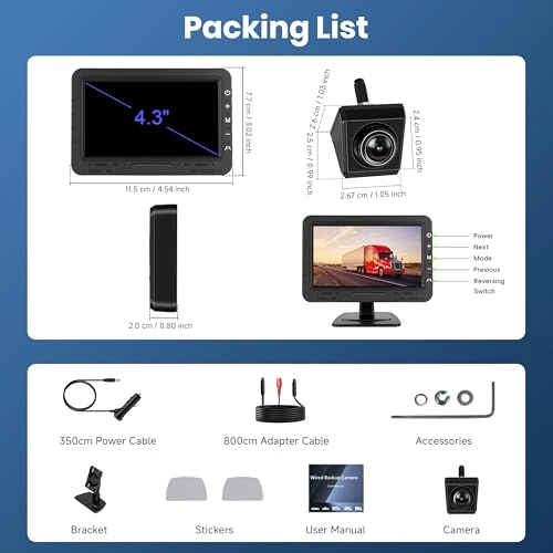 Reversing Camera - Night vision wired + Monitor - 4.3 Inch 1024 x 600