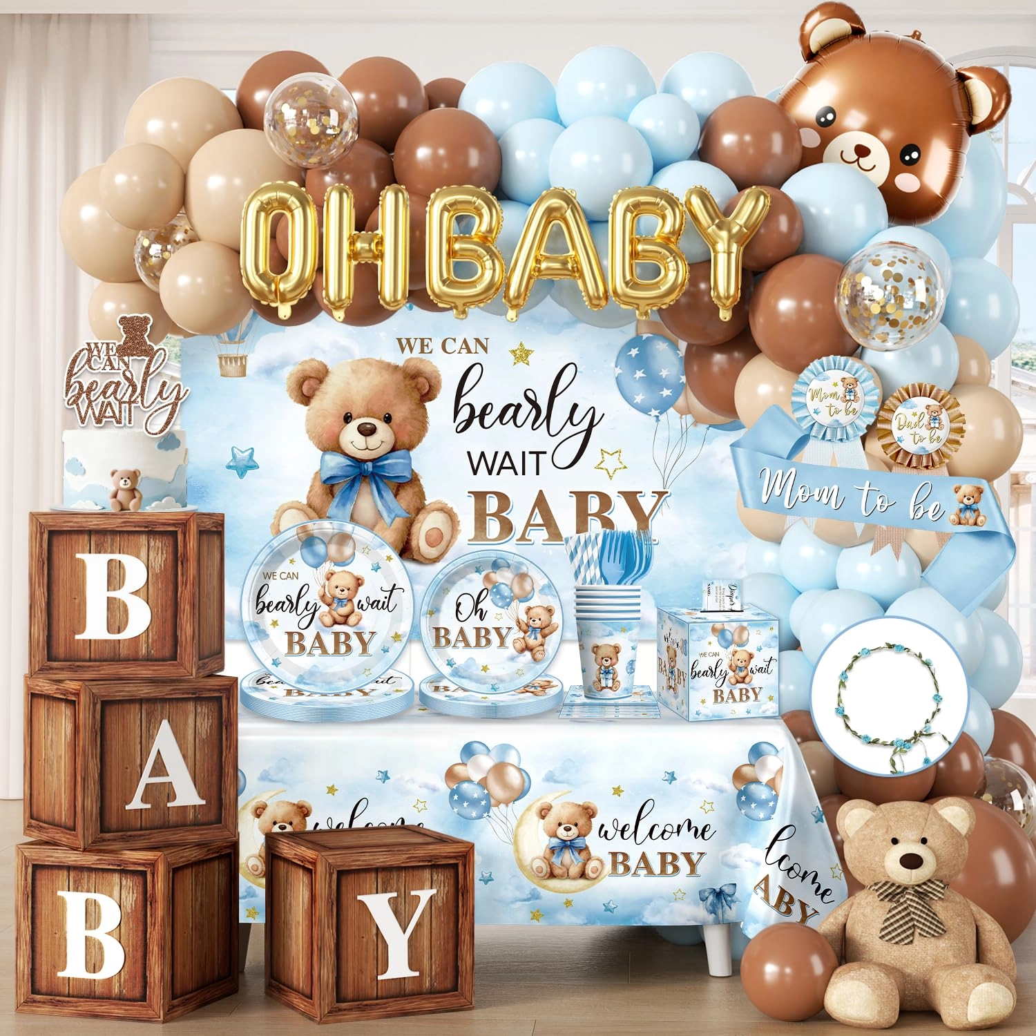 cocomigo Blue Bear Baby Shower Decorations - 342Pcs