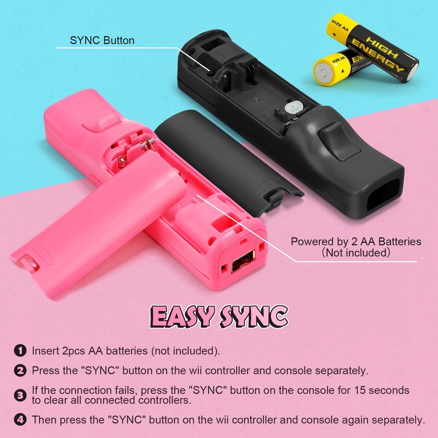 Wii Remote Controller + Nunchuck Joystick - Black and Pink