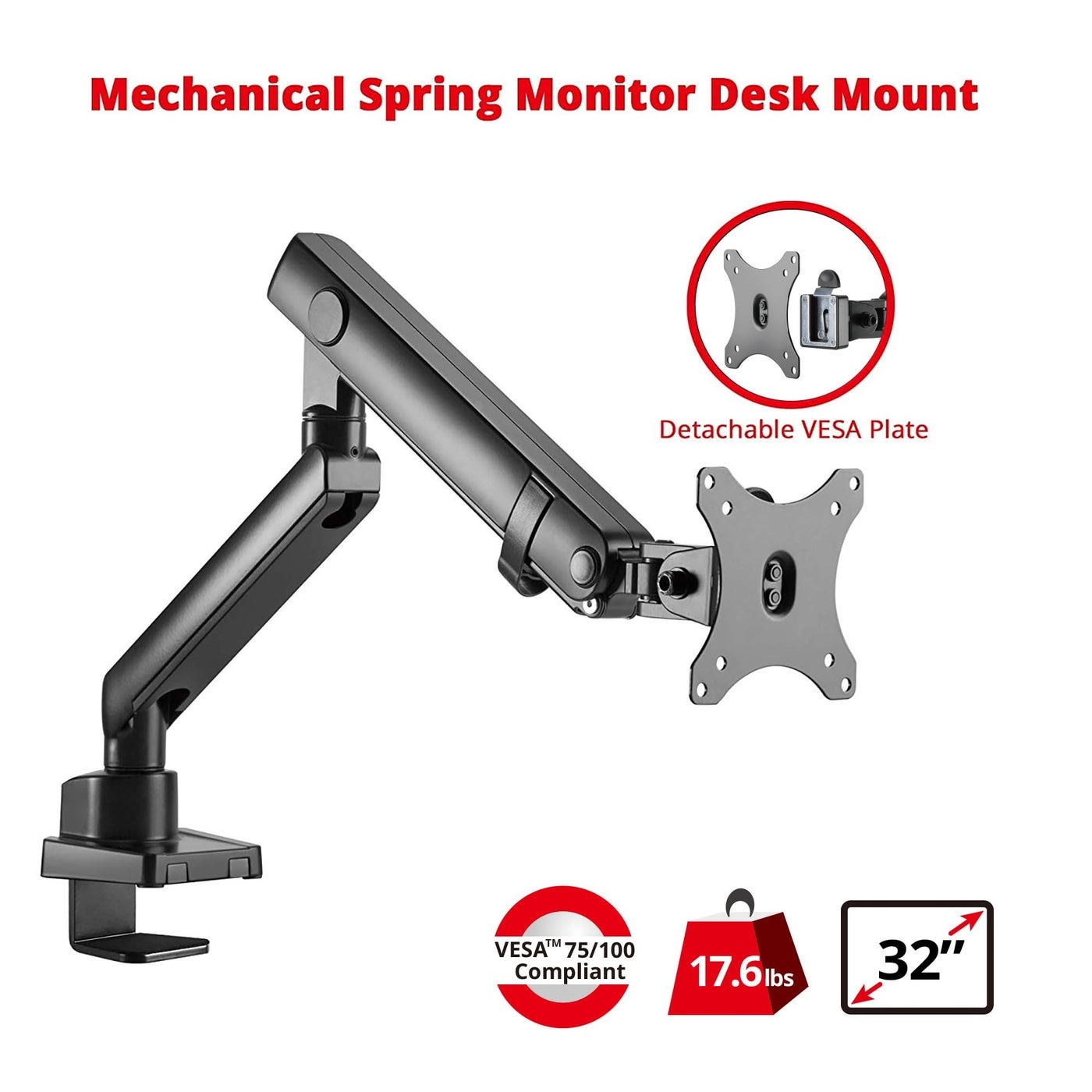 Single Monitor Arm Mount - Single 17in to 32in VESA 75x75mm 100x100mm