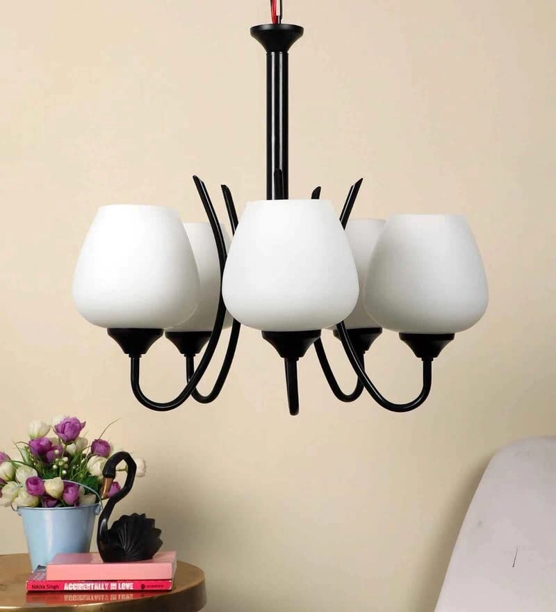 711 SIX LIGHT CHANDELIER - Black and Frosted Metal Glass