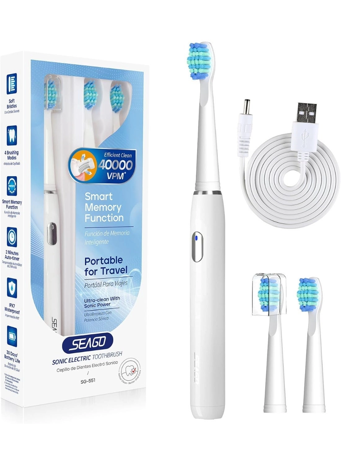 Electric Toothbrush - 3 Brush Heads 4 Modes White
