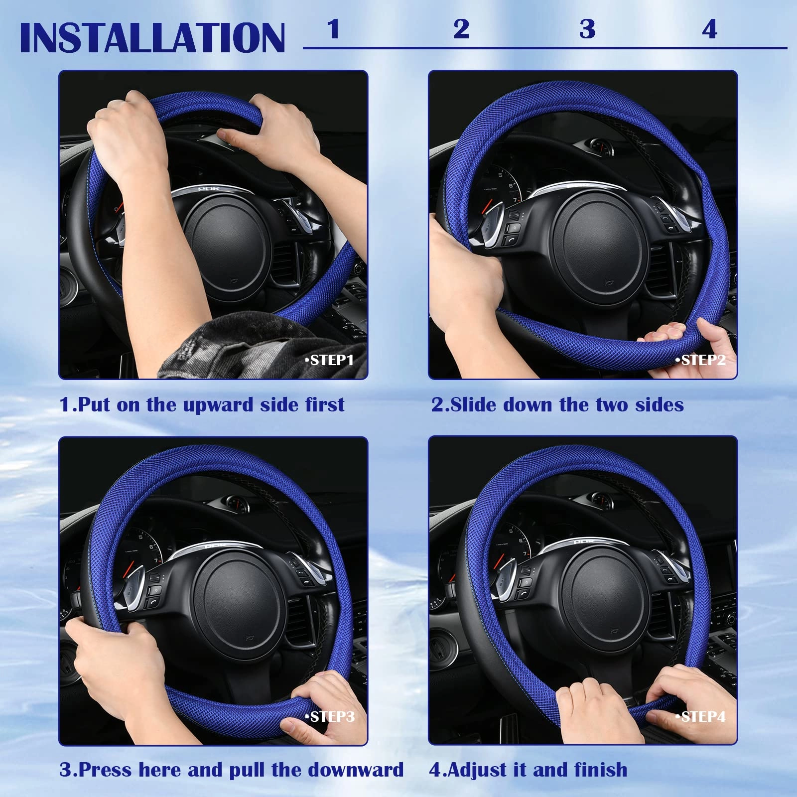 Car Seat Covers - Air Mesh Leather + Car Floor Mats - Waterproof + Steering Wheel Cover - Sporty