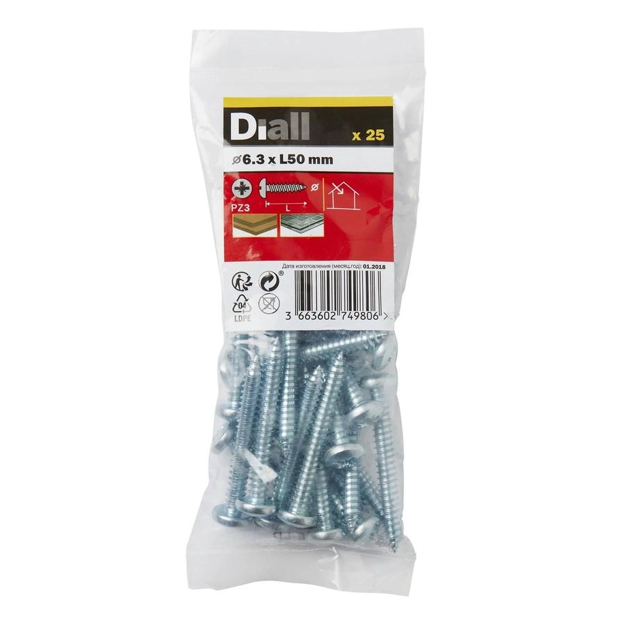 Diall Zinc-Plated Carbon Steel Self Tapping Screw Pack 6.3mm 50mm