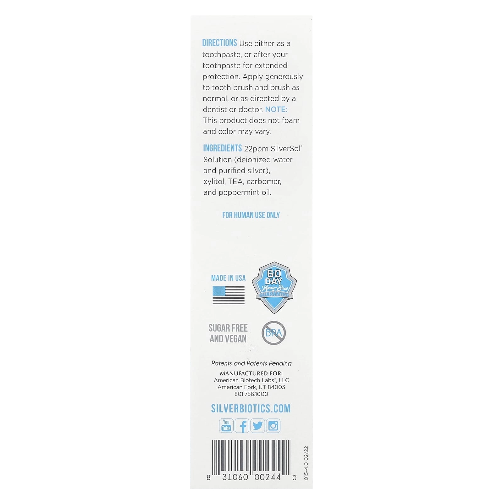 Silver Biotics Glacial Mint Toothpaste 114 g
