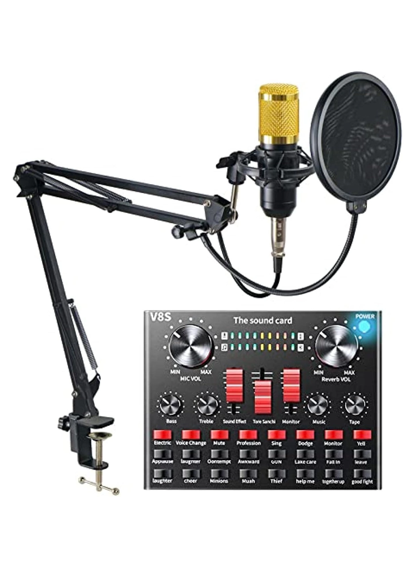 Condenser Microphone + V8S Live Sound Card Wireless+USB+3.5mm-Mini-Jack Microphone