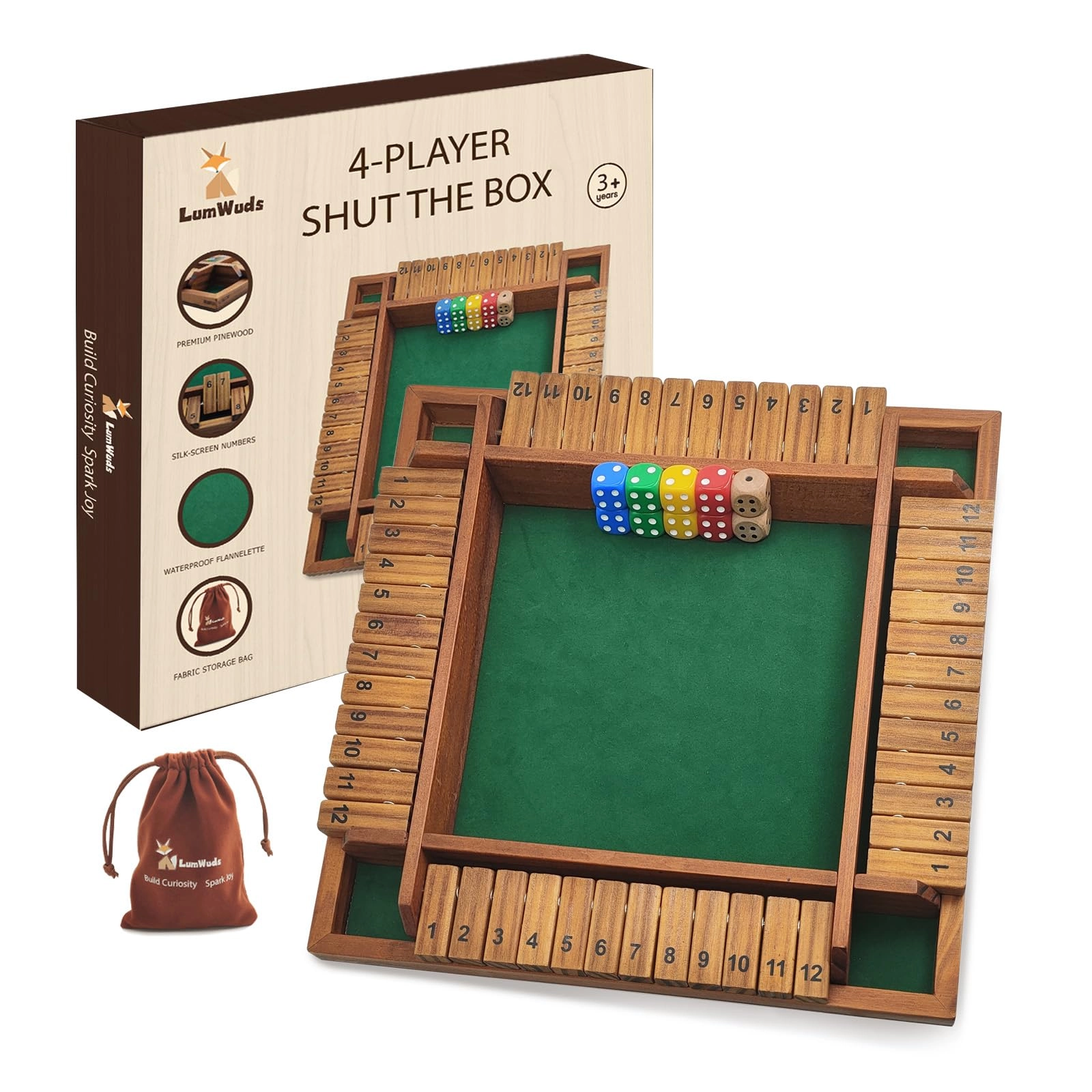 LumWuds Shut The Box - Wooden 4 Player Board Game