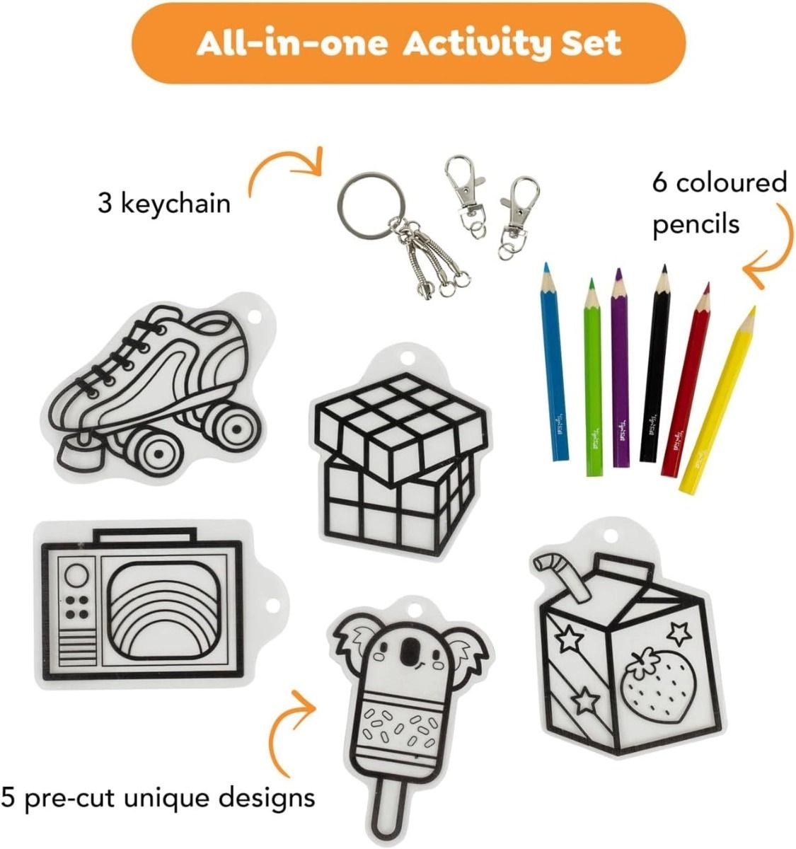 Tiger Tribe Shrinkorama - 5 pre-cut bag tag designs 3 keychains 6 coloured pencils